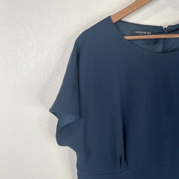 La‎ Fayette 148 New York Marion Sheath Dress Sz 14 Navy Crepe Cap Sleeves Career - Picture 2 of 10
